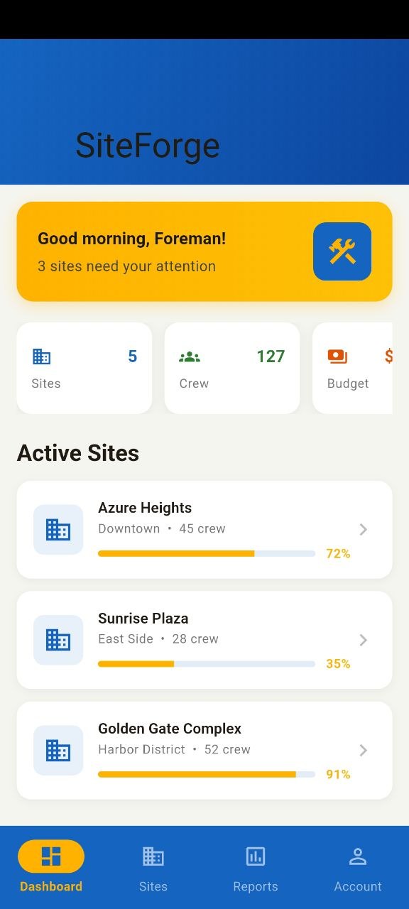 TowerR Site Forge dashboard screen